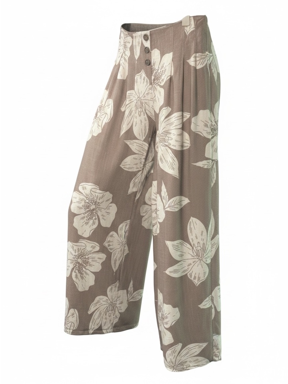 Wide Leg Floral Print Pants in Taupe and Cream Linen Blend